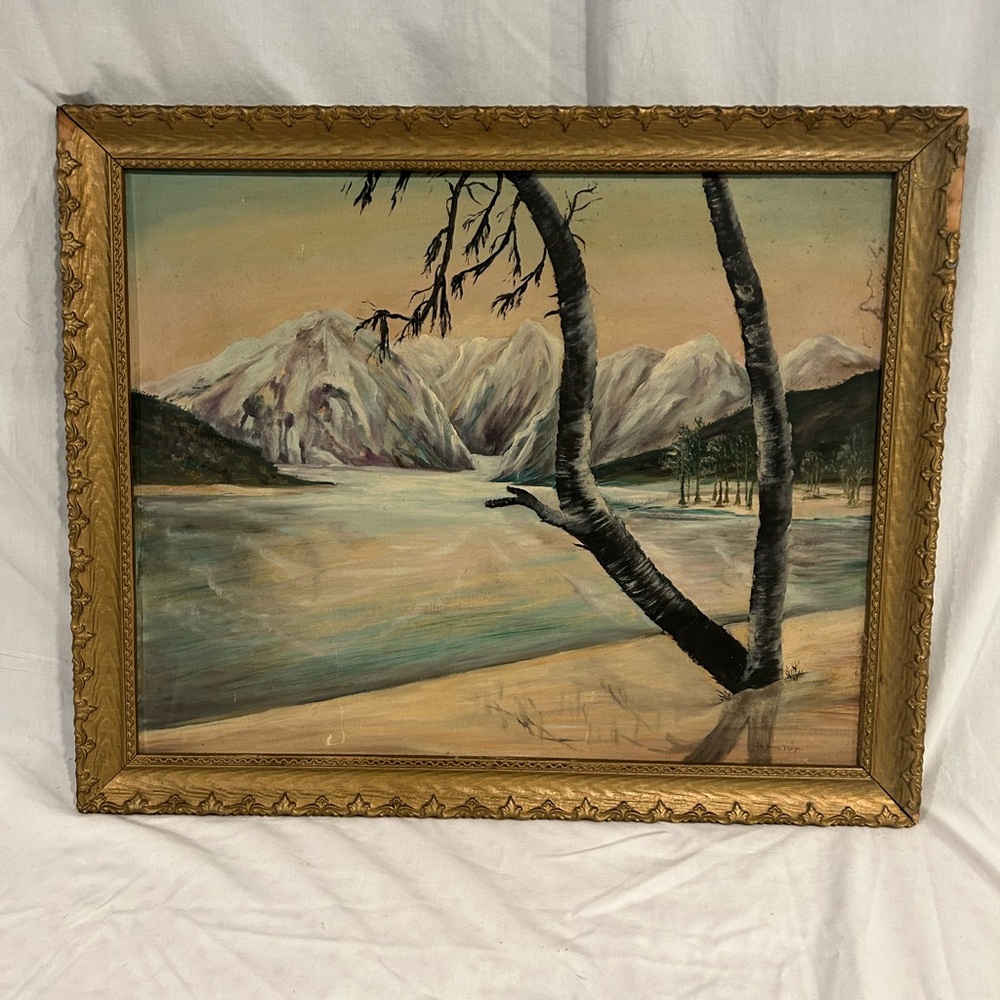 Antique oil painting landscape mountain in wood gilt frame